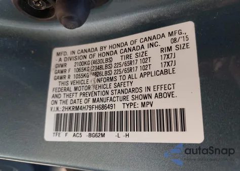 2015 Honda Cr-V Ex-L z USA, uszkodzony, nr VIN 2HKRM4H79FH686491